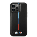 BMW M Collection Quilted PU Case with Hot Stamped Tricolor Stripe and Printed Logo iPhone 14 Pro Max Compatibility - Black