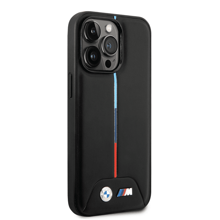 BMW M Collection Quilted PU Case with Hot Stamped Tricolor Stripe and Printed Logo iPhone 14 Pro Max Compatibility - Black