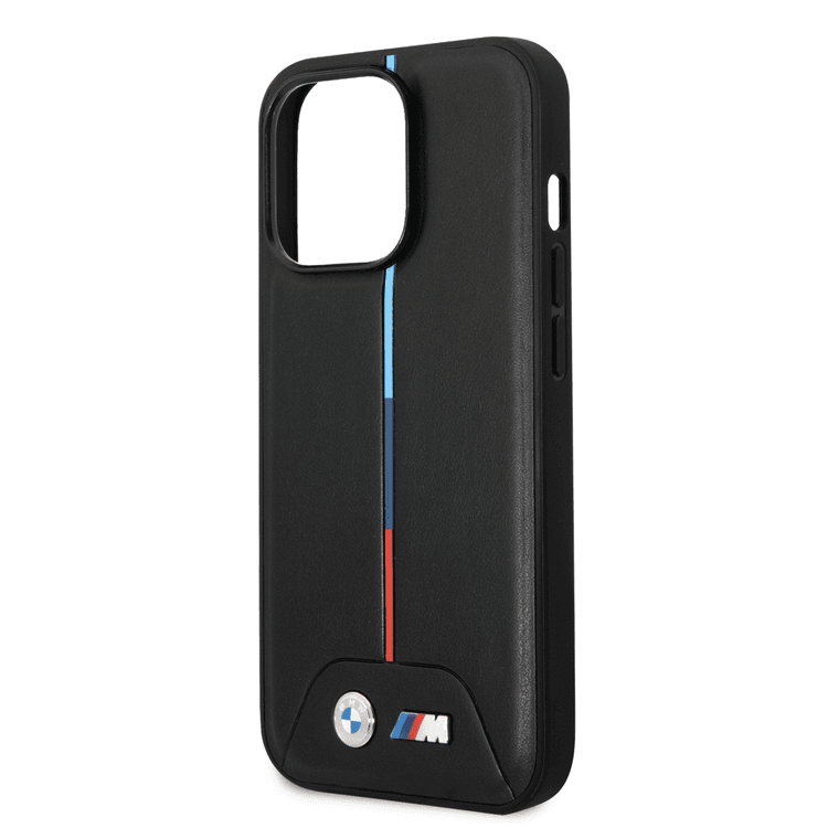 BMW M Collection Quilted PU Case with Hot Stamped Tricolor Stripe and Printed Logo iPhone 14 Pro Max Compatibility - Black