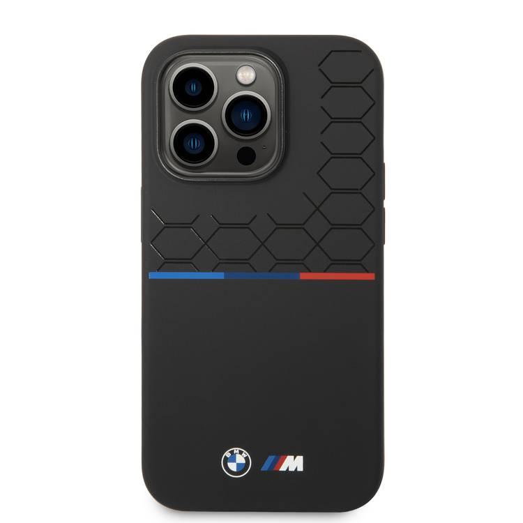 BMW M Collection Liquid Silicone Case Printed UV Varnish Pattern Tricolor Line & Logo iPhone 14 Pro Max Compatibility - Black