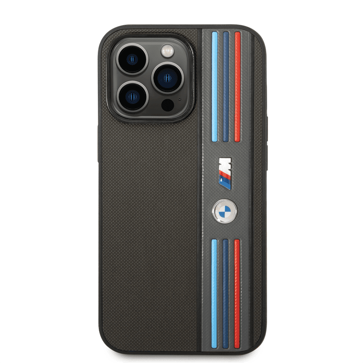 BMW M Collection PU Leather Mesh Case with Printed Tricolor Lines iPhone 14 Pro Max Compatibility - Grey