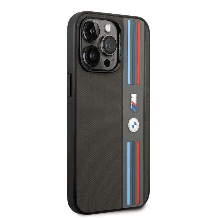 BMW M Collection PU Leather Mesh Case with Printed Tricolor Lines iPhone 14 Pro Max Compatibility - Grey