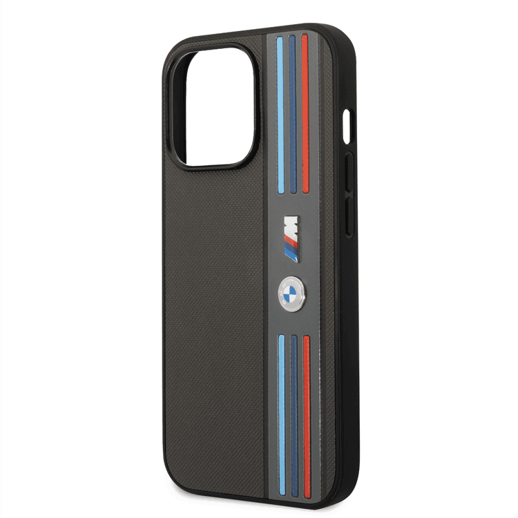 BMW M Collection PU Leather Mesh Case with Printed Tricolor Lines iPhone 14 Pro Max Compatibility - Grey