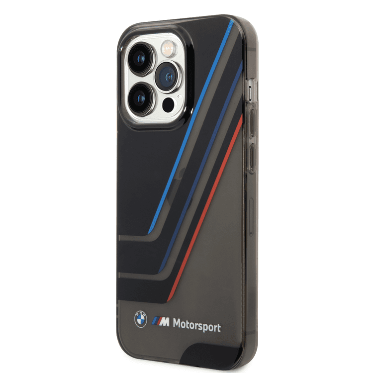 BMW Motorsport Collection PC/TPU IML Printed Tricolor Stripes, Translucent Zones Phone 14 Pro Max Compatibility - Black