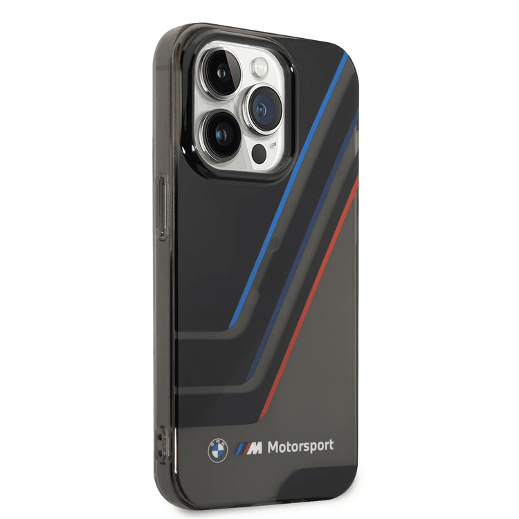 BMW Motorsport Collection PC/TPU IML Printed Tricolor Stripes, Translucent Zones Phone 14 Pro Max Compatibility - Black