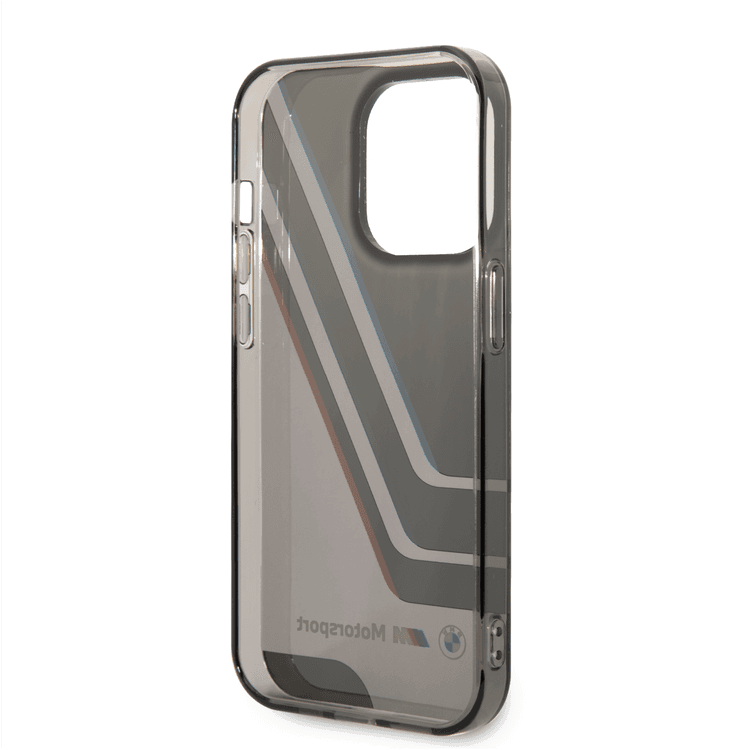 BMW Motorsport Collection PC/TPU IML Printed Tricolor Stripes, Translucent Zones Phone 14 Pro Max Compatibility - Black