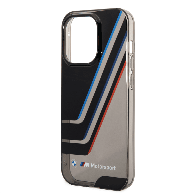 BMW Motorsport Collection PC/TPU IML Printed Tricolor Stripes, Translucent Zones Phone 14 Pro Max Compatibility - Black