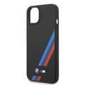 BMW M Collection Liquid Silicone Case with Slanted Tricolor Stripes PU iPhone 14 Plus Compatibility - Black