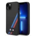 BMW M Collection Liquid Silicone Case with Slanted Tricolor Stripes PU iPhone 14 Plus Compatibility - Black