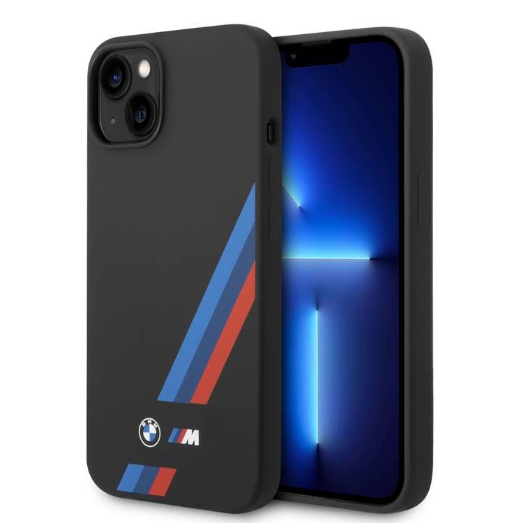 BMW M Collection Liquid Silicone Case with Slanted Tricolor Stripes PU iPhone 14 Plus Compatibility - Black