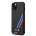 BMW M Collection Liquid Silicone Case with Slanted Tricolor Stripes PU iPhone 14 Plus Compatibility - Black