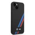 BMW M Collection Liquid Silicone Case with Slanted Tricolor Stripes PU iPhone 14 Plus Compatibility - Black