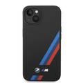 BMW M Collection Liquid Silicone Case with Slanted Tricolor Stripes PU iPhone 14 Plus Compatibility - Black