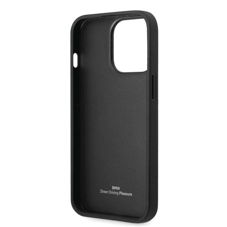 BMW Signature Collection Genuine Leather Case with Textured & Big Logo Stripe iPhone 14 Pro Compatibility - Black