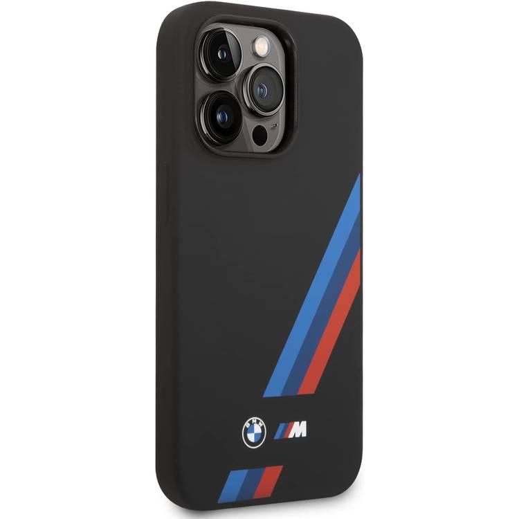 BMW M Collection Magsafe Compatibility Liquid Silicone Case Slanted Tricolor Stripes iPhone 14 Pro Compatibility - Black