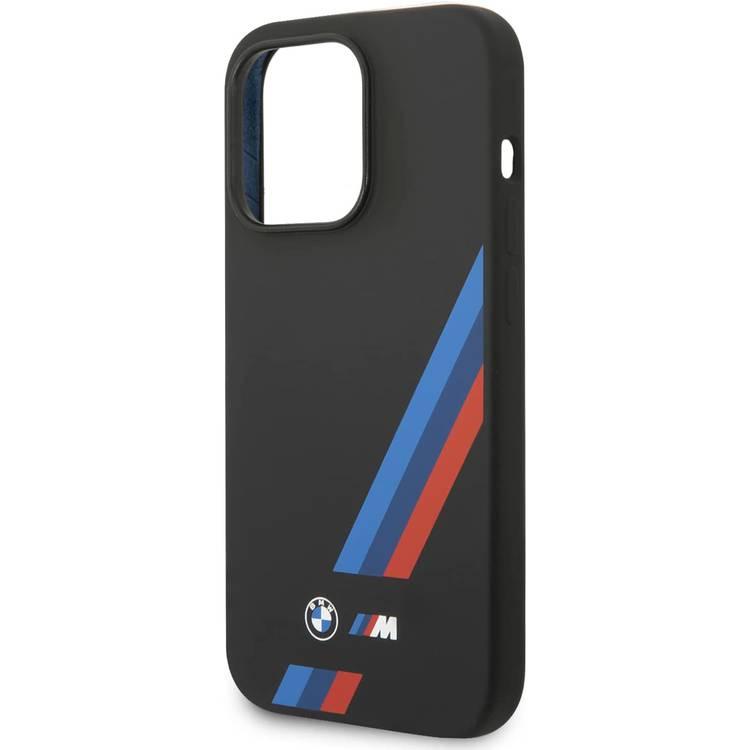 BMW M Collection Magsafe Compatibility Liquid Silicone Case Slanted Tricolor Stripes iPhone 14 Pro Compatibility - Black