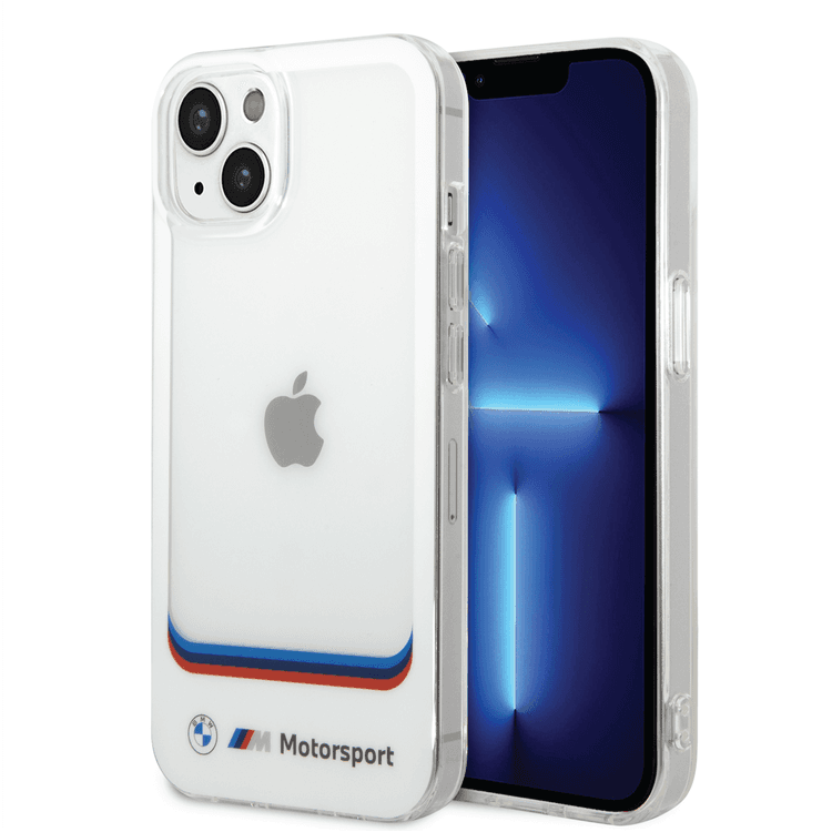 BMW Motorsport Collection PC/TPU IML Case Big Square Transparent and Printed Bottom Logo iPhone 14 Plus Compatibility - White