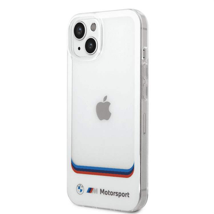 BMW Motorsport Collection PC/TPU IML Case Big Square Transparent and Printed Bottom Logo iPhone 14 Plus Compatibility - White