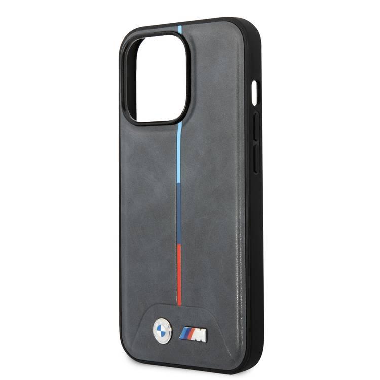 BMW M Collection Magsafe Compatibility Quilted PU Case with Hot Stamped Tricolor Stripe iPhone 14 Plus Compatibility - Gray