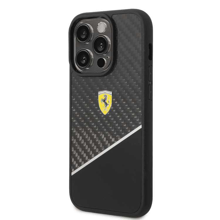 Ferrari Bi-material Carbon Fiber Case and Polycarbonate & Silver Stripe iPhone 14 Pro Compatibility - Black