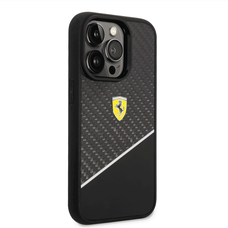 Ferrari Bi-material Carbon Fiber Case and Polycarbonate & Silver Stripe iPhone 14 Pro Compatibility - Black