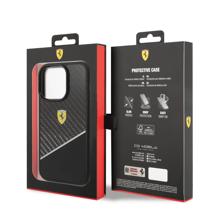 Ferrari Bi-material Carbon Fiber Case and Polycarbonate & Silver Stripe iPhone 14 Pro Compatibility - Black
