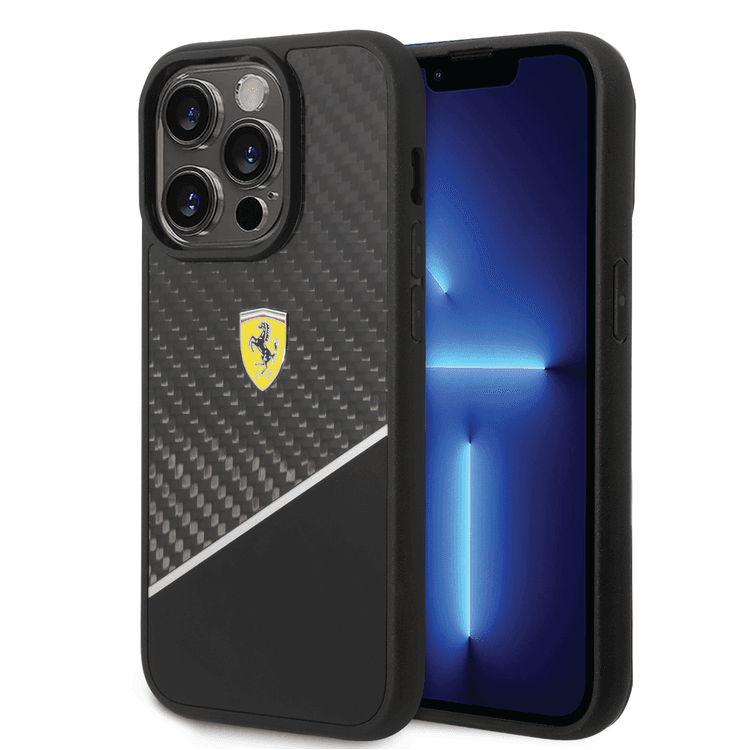 Ferrari Bi-material Carbon Fiber Case and Polycarbonate & Silver Stripe iPhone 14 Pro Compatibility - Black