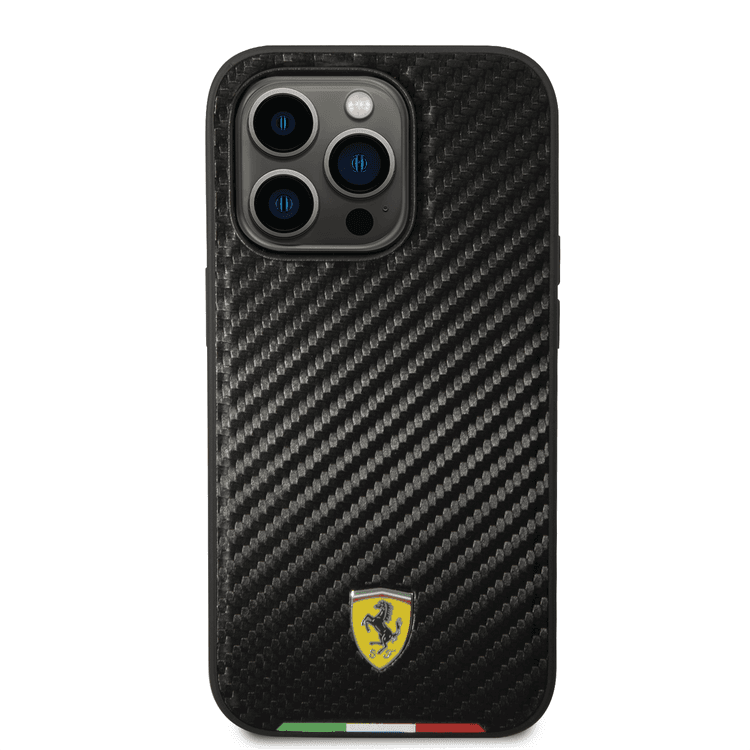 Ferrari HC PU Carbon Effect Case with Italian Flag Line iPhone 14 Pro Max Compatibility - Black