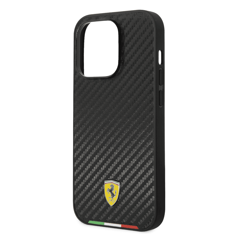 Ferrari HC PU Carbon Effect Case with Italian Flag Line iPhone 14 Pro Max Compatibility - Black