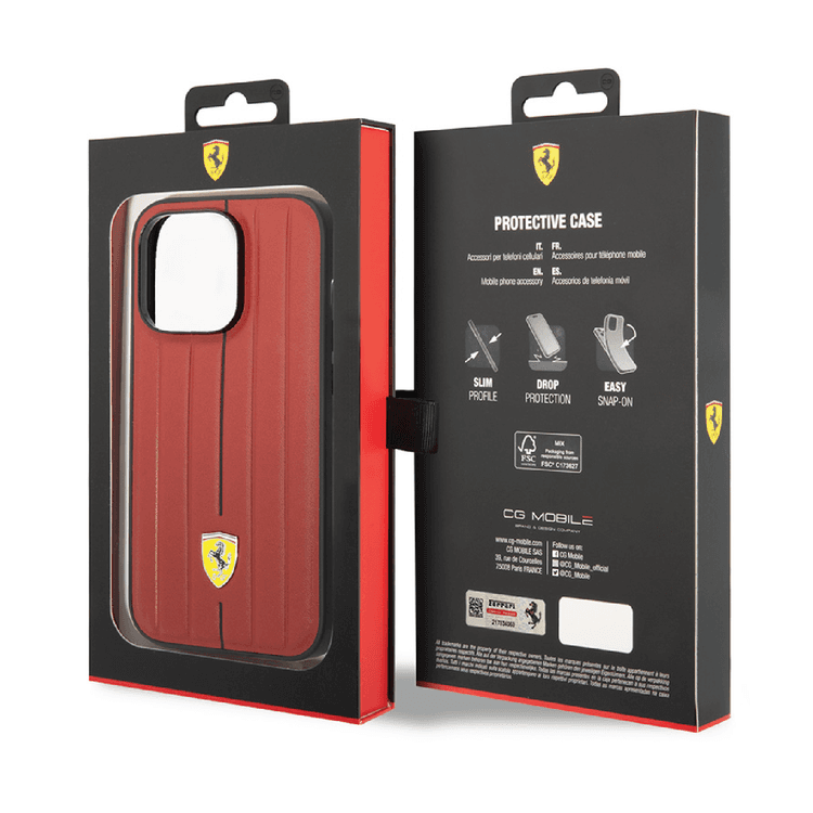 Ferrari Leather Case With Embossed Stripes & Yellow Shield Logo - iPhone 14 Plus - Red