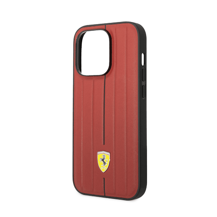 Ferrari Leather Case With Embossed Stripes & Yellow Shield Logo - iPhone 14 Plus - Red