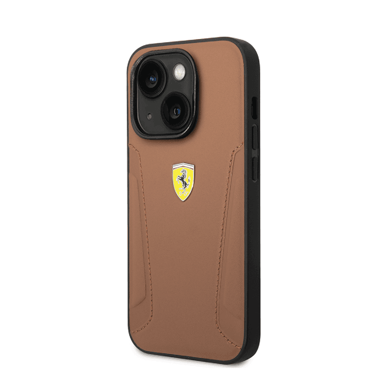 Ferrari Leather Case With Hot Stamped Sides & Yellow Shield Logo - iPhone 14 Plus - Camel