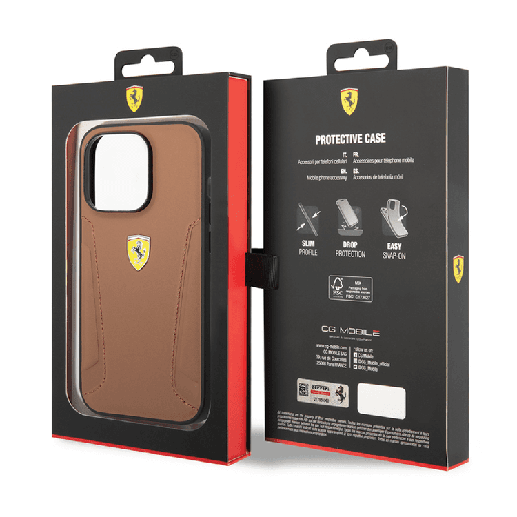 Ferrari Leather Case With Hot Stamped Sides & Yellow Shield Logo - iPhone 14 Plus - Camel