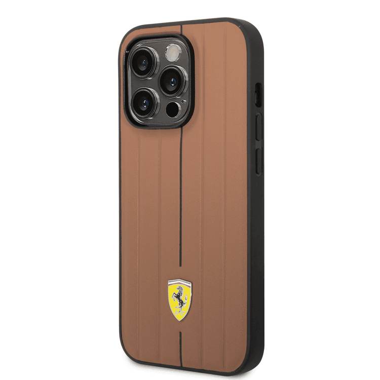 Ferrari Leather Case With Embossed Stripes & Yellow Shield Logo - iPhone 14 Pro - Camel