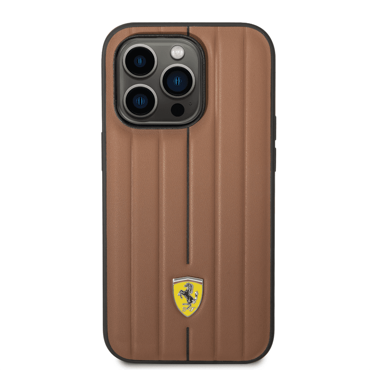 Ferrari Leather Case With Embossed Stripes & Yellow Shield Logo - iPhone 14 Pro - Camel