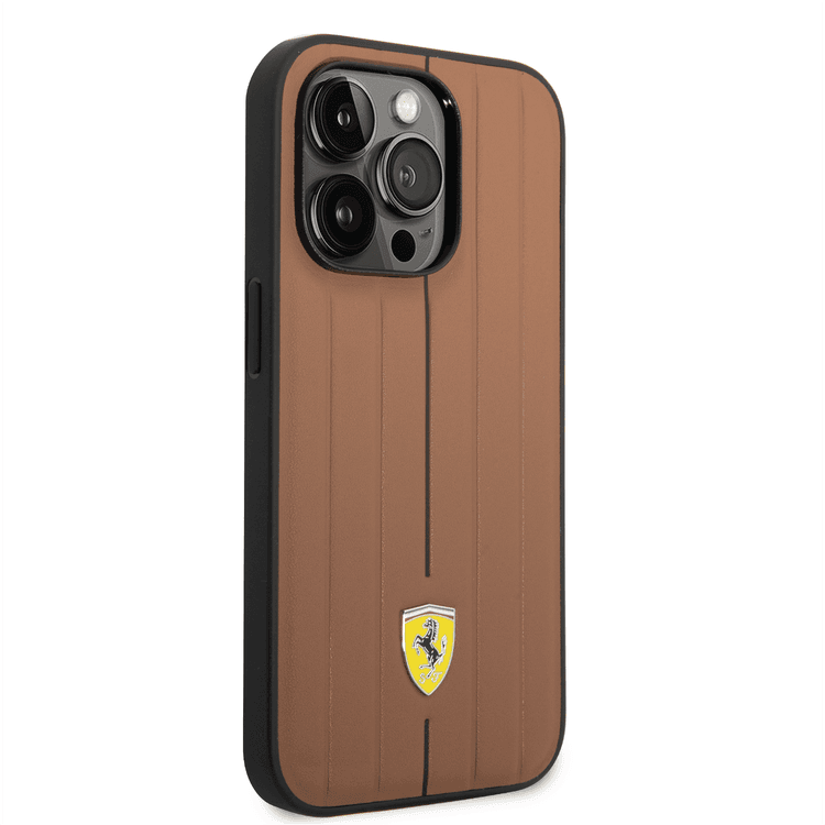 Ferrari Leather Case With Embossed Stripes & Yellow Shield Logo - iPhone 14 Pro - Camel