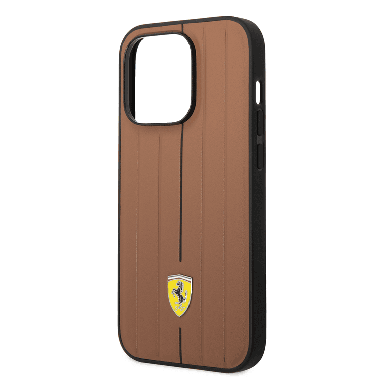 Ferrari Leather Case With Embossed Stripes & Yellow Shield Logo - iPhone 14 Pro - Camel