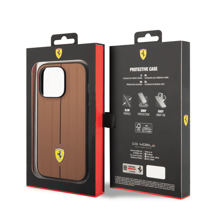 Ferrari Leather Case With Embossed Stripes & Yellow Shield Logo - iPhone 14 Pro - Camel