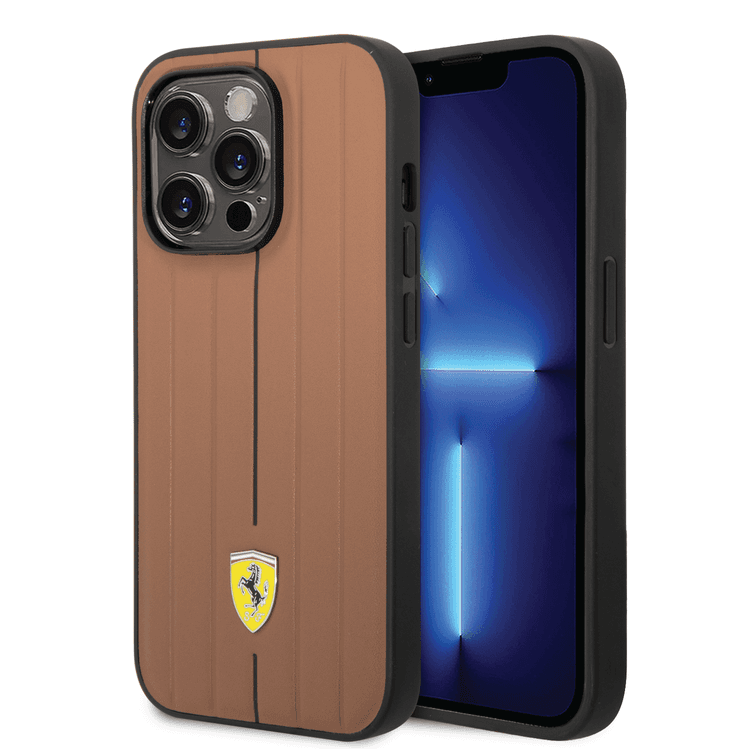 Ferrari Leather Case With Embossed Stripes & Yellow Shield Logo - iPhone 14 Pro - Camel