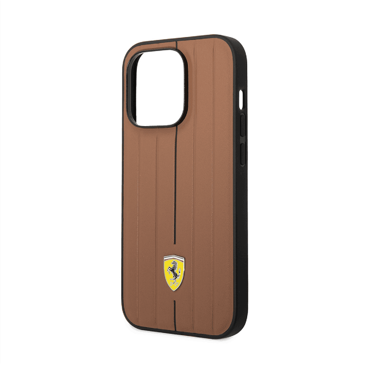 Ferrari Leather Case With Embossed Stripes & Yellow Shield Logo - iPhone 14 Plus - Camel