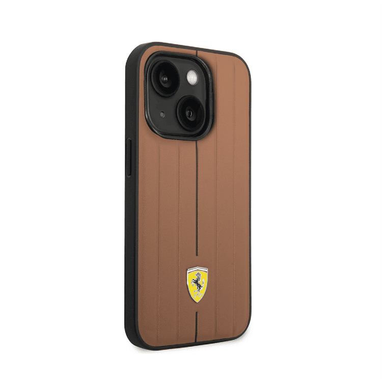 Ferrari Leather Case With Embossed Stripes & Yellow Shield Logo - iPhone 14 Plus - Camel