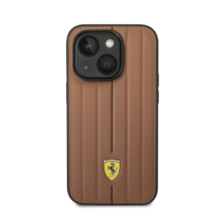 Ferrari Leather Case With Embossed Stripes & Yellow Shield Logo - iPhone 14 Plus - Camel