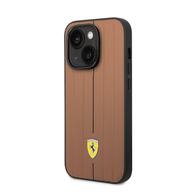 Ferrari Leather Case With Embossed Stripes & Yellow Shield Logo - iPhone 14 Plus - Camel