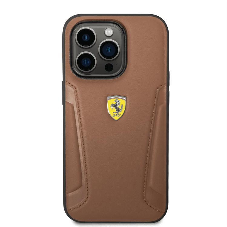 Ferrari Leather Case With Hot Stamped Sides & Yellow Shield Logo - iPhone 14 Pro - Camel