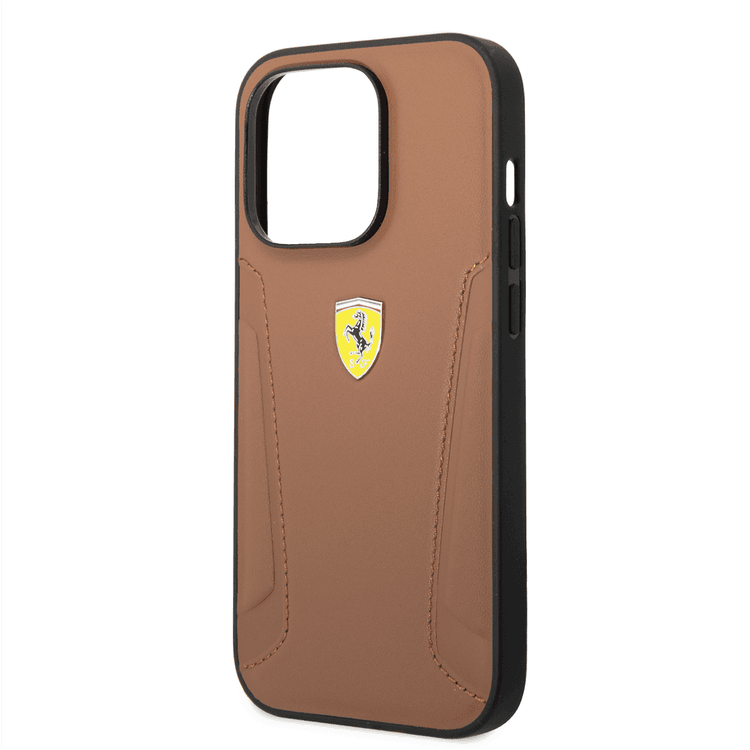 Ferrari Leather Case With Hot Stamped Sides & Yellow Shield Logo - iPhone 14 Pro - Camel