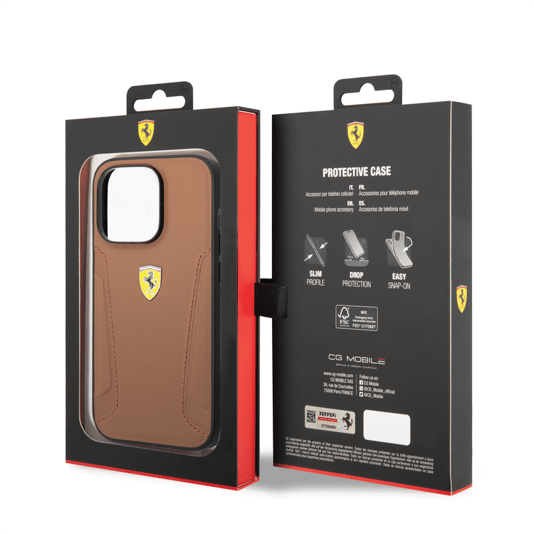 Ferrari Leather Case With Hot Stamped Sides & Yellow Shield Logo - iPhone 14 Pro - Camel