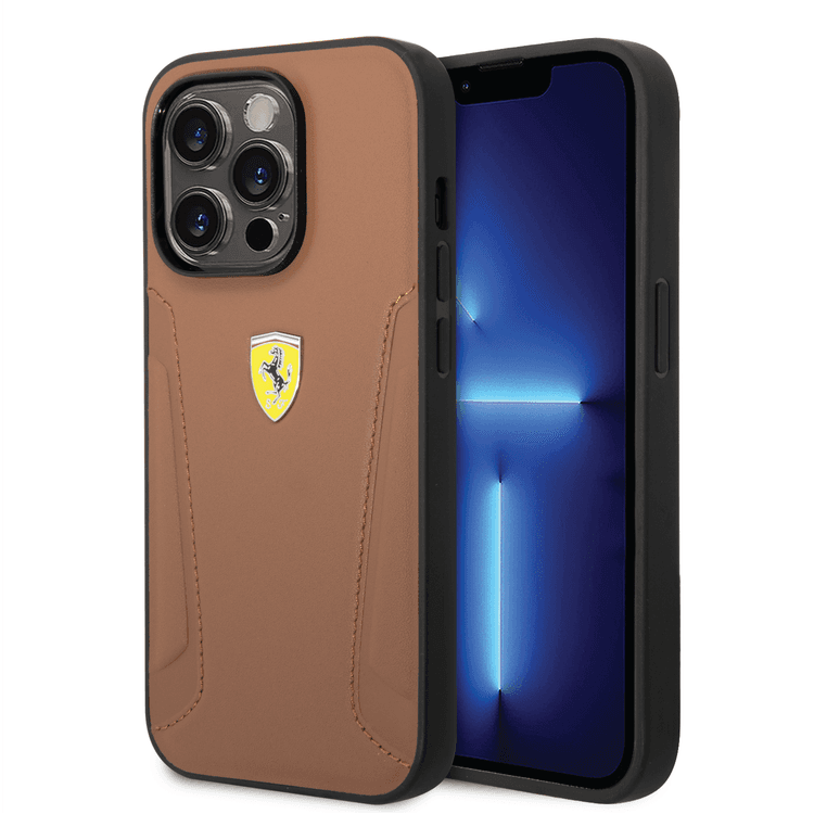 Ferrari Leather Case With Hot Stamped Sides & Yellow Shield Logo - iPhone 14 Pro - Camel