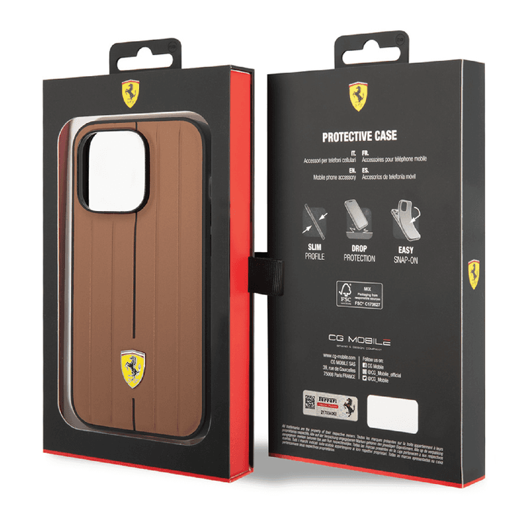 Ferrari Leather Case With Embossed Stripes & Yellow Shield Logo - iPhone 14 - Camel