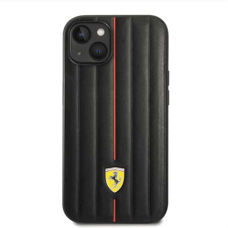 Ferrari Leather Case With Embossed Stripes & Yellow Shield Logo - iPhone 14 Plus - Black