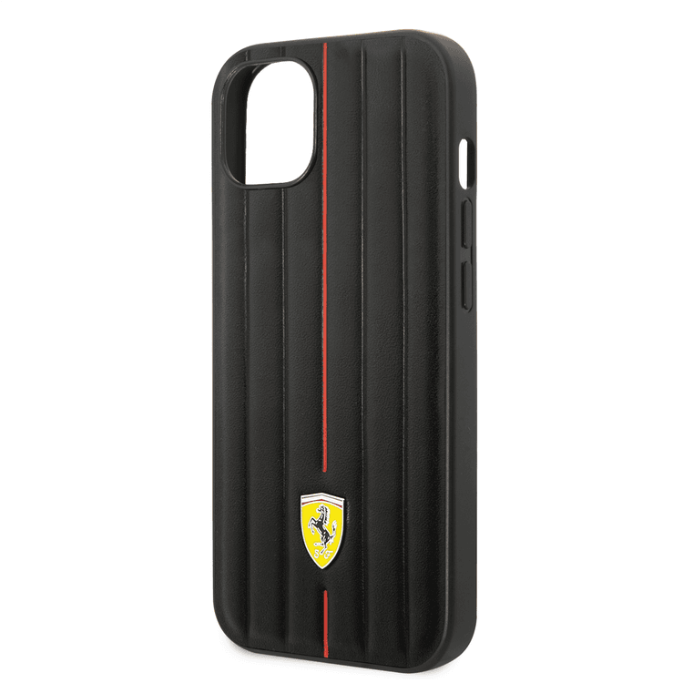 Ferrari Leather Case With Embossed Stripes & Yellow Shield Logo - iPhone 14 Plus - Black